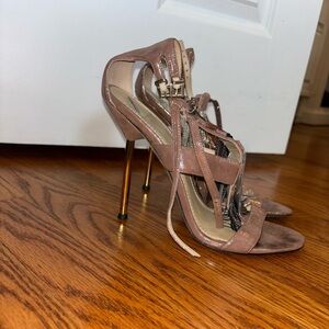 Brian Atwood Vero Cuoio rose gold iridescent heels with tassel details